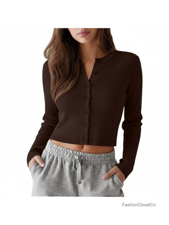 Sweaters - Women's Ribbed Cotton Cropped Cardigan Long Sleeve Open Front Crew Neck